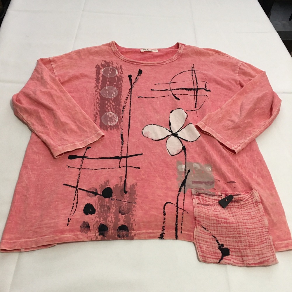 Jess & Jane Tunic Top Women Medium Coral 3/4 Sleeve Art Pocket Mineral Cotton